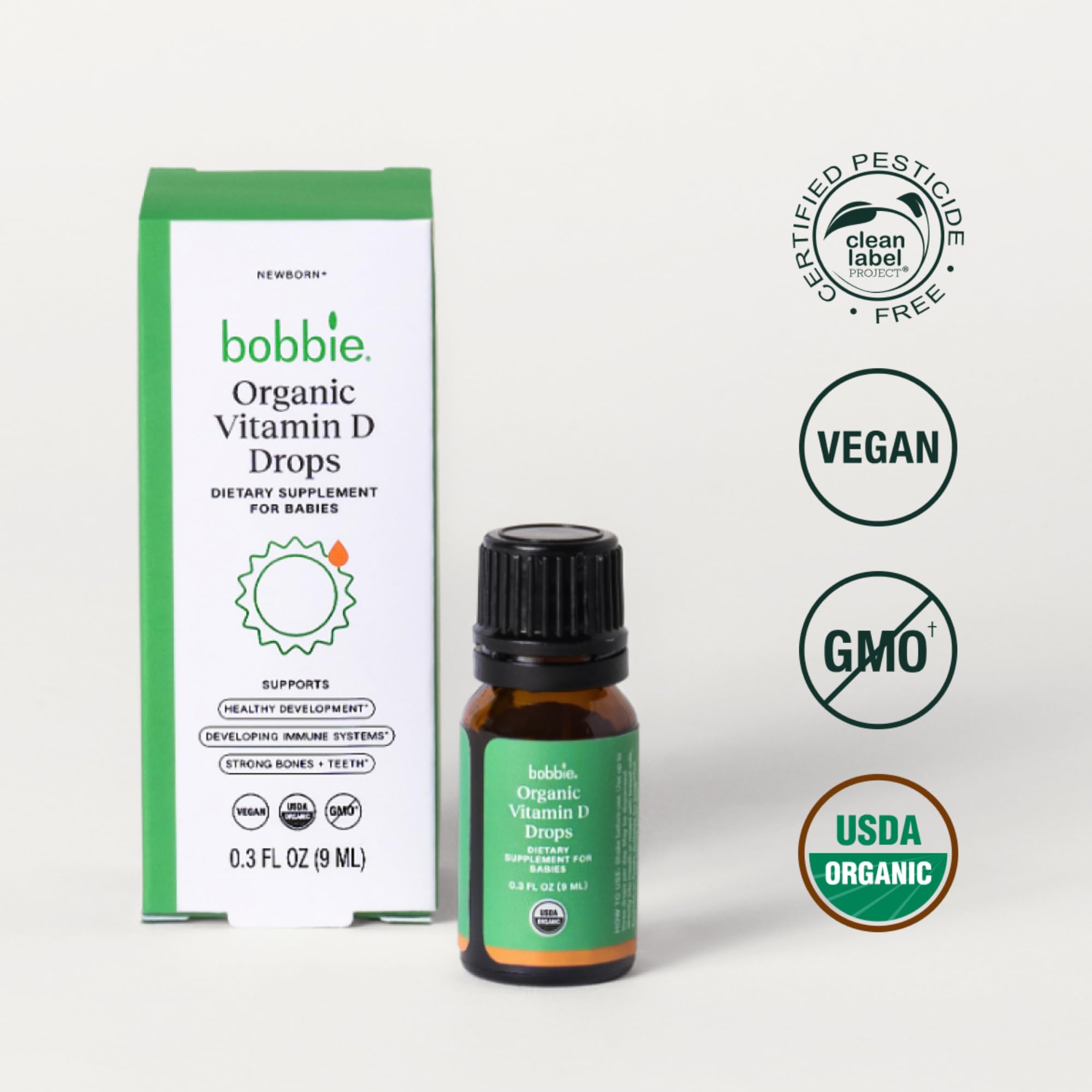 Bobbie Vitamin D Drops dropper ready to dispense 400 IU.