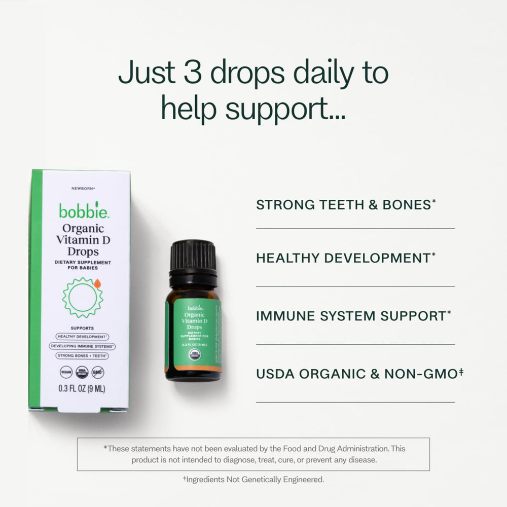 Bobbie Organic Drops label communicates clean, allergen-free formula at a glance.