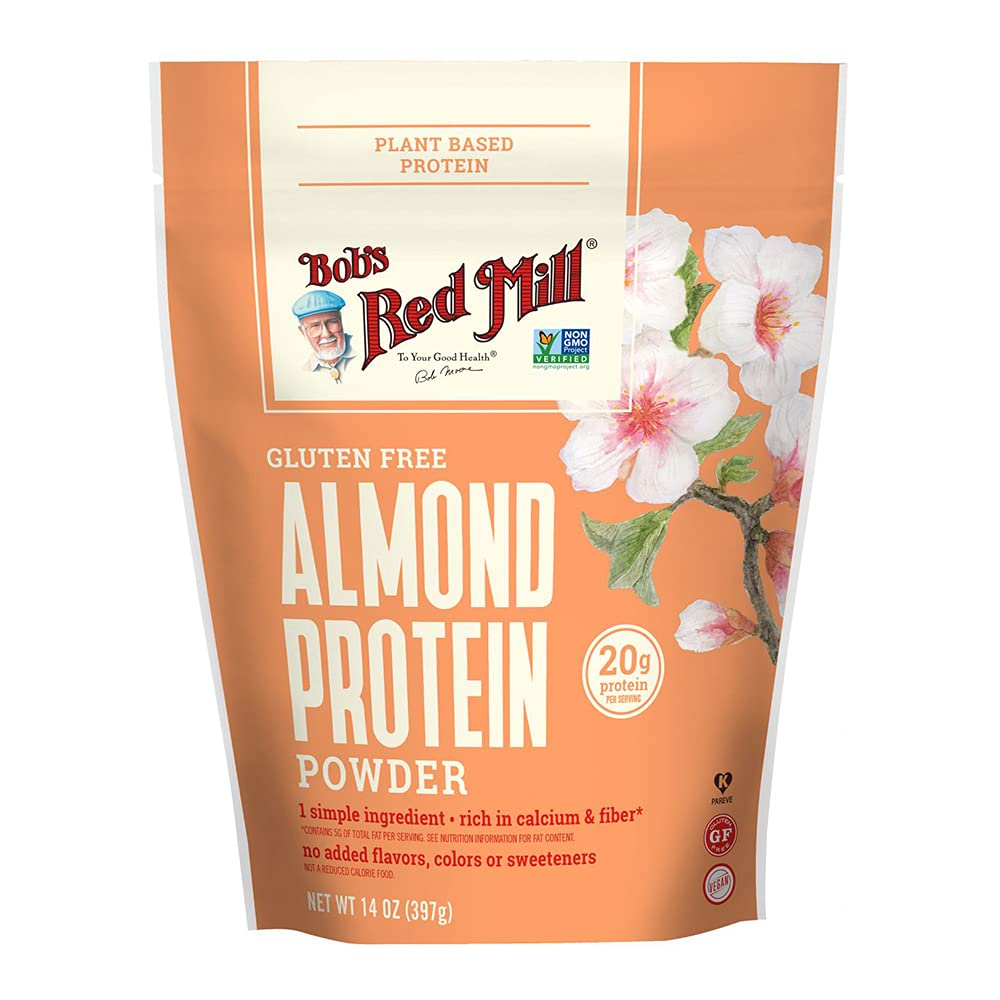 Bob's Red Mill almond protein powder jar front view, gluten-free and plant-based.