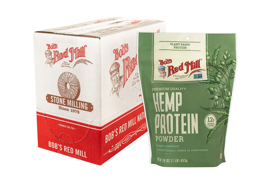 Bob's Red Mill hemp protein powder four-pack tub shown for convenient plant-based protein