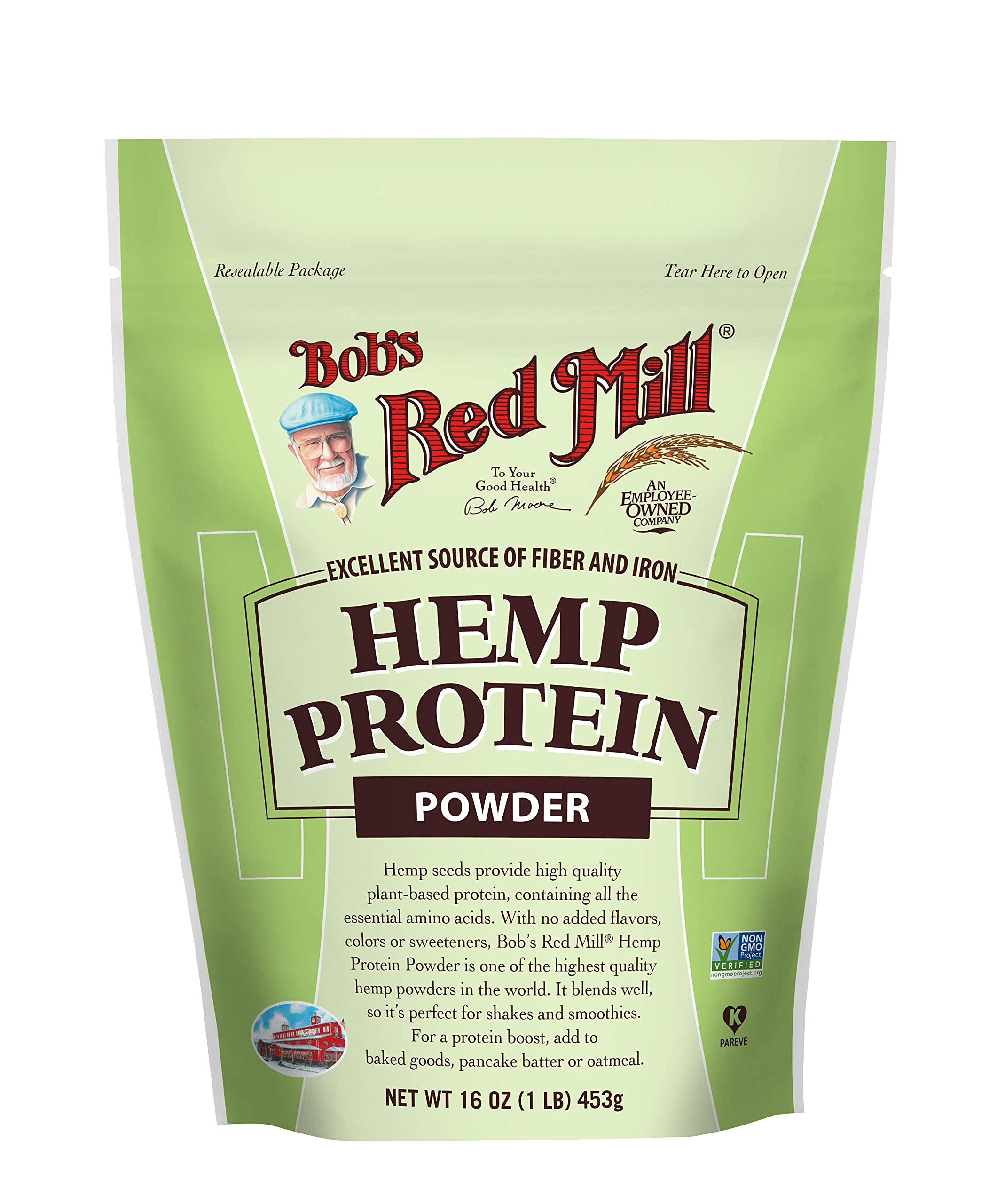Bob's Red Mill hemp protein powder bag front shows resealable packaging for freshness.