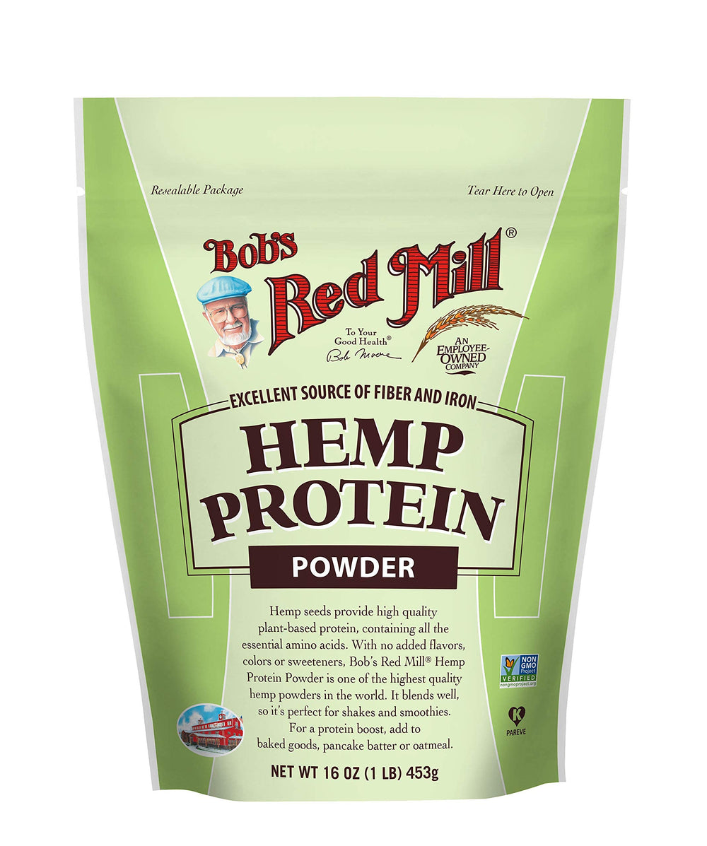 Bob's Red Mill hemp protein powder bag front shows resealable packaging for freshness.
