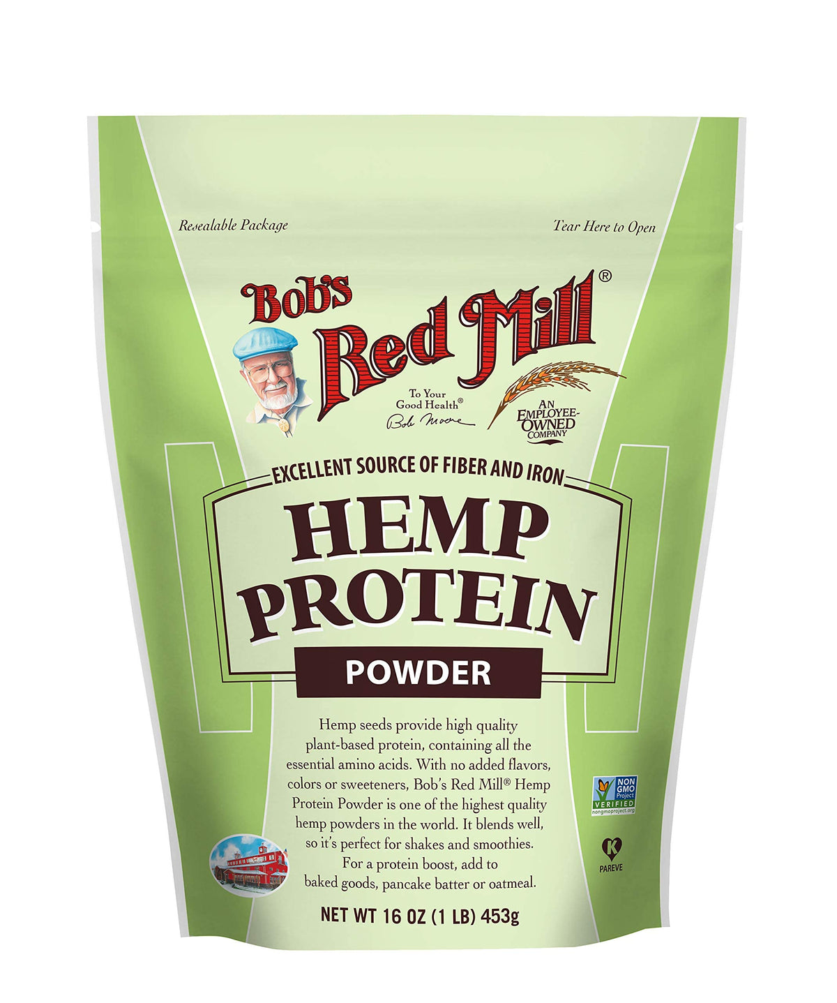 Bob's Red Mill hemp protein powder bag front shows resealable packaging for freshness.