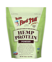 Bob's Red Mill hemp protein powder bag front shows resealable packaging for freshness.
