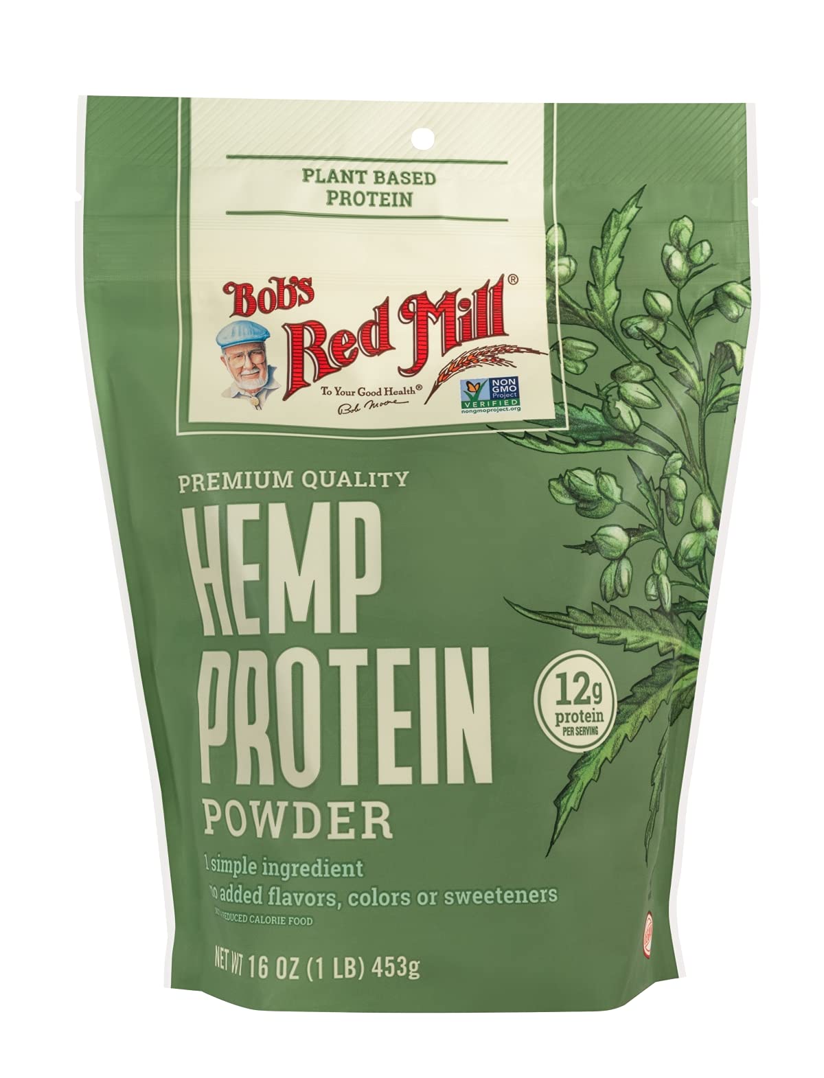 Bob's Red Mill hemp protein powder label close-up highlights non-GMO vegan kosher certifications