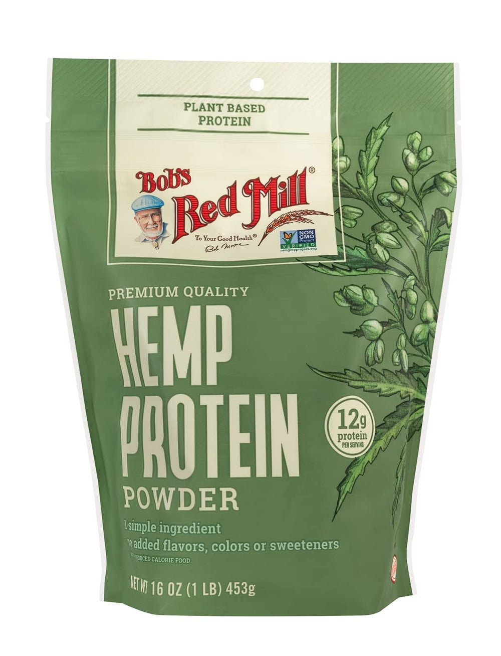 Bob's Red Mill hemp protein powder label close-up highlights non-GMO vegan kosher certifications