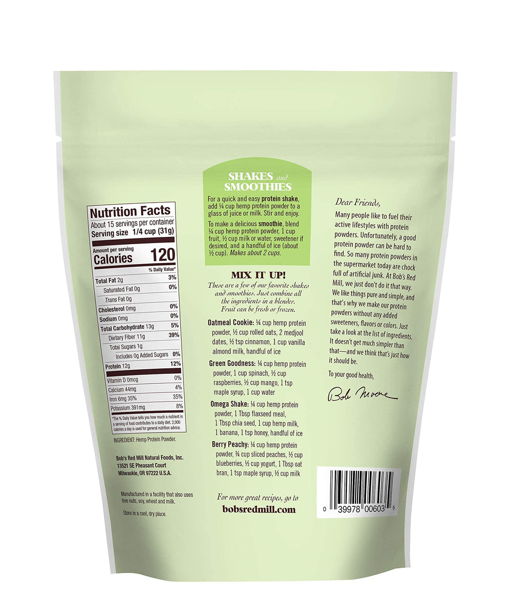 Bob's Red Mill hemp protein powder with scoop demonstrates easy measurement for shakes.