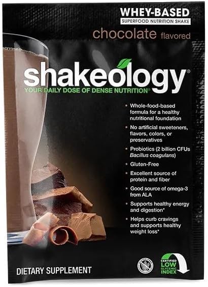 BOD-i Shakeology Whey Chocolate packet opened showing the single-serve serving.