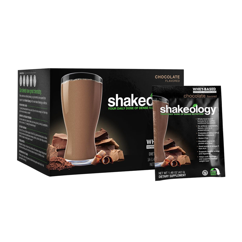 BOD-i Shakeology Whey Chocolate single-serve packet front view for grab-and-go nutrition.