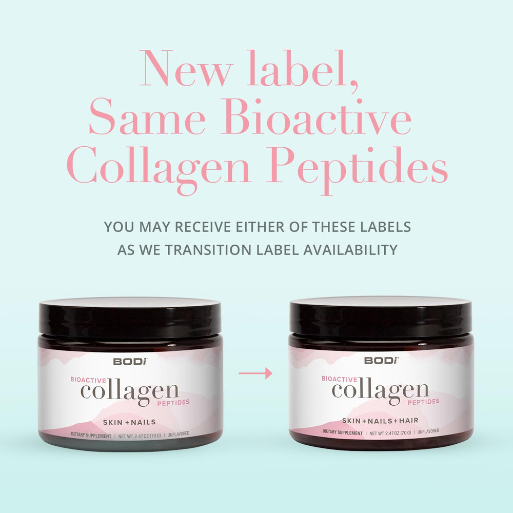Scoop of BODi collagen peptides powder with clear measuring scoop for daily use.