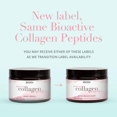 Scoop of BODi collagen peptides powder with clear measuring scoop for daily use.