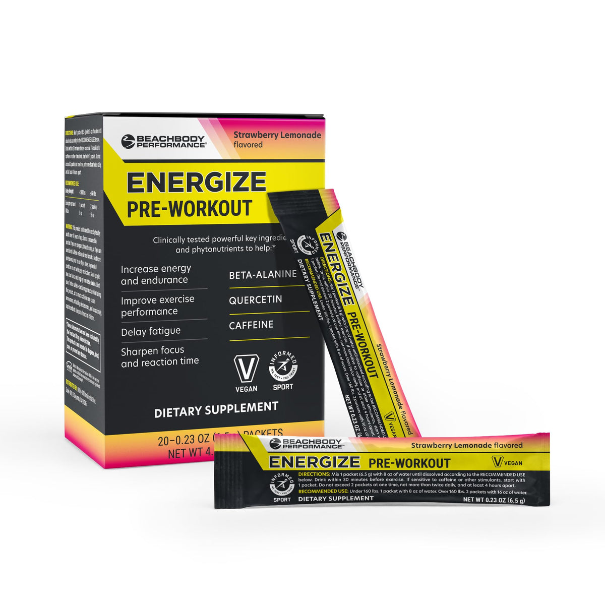 BODi Energize pre-workout stick with strawberry lemonade flavor for focused training.