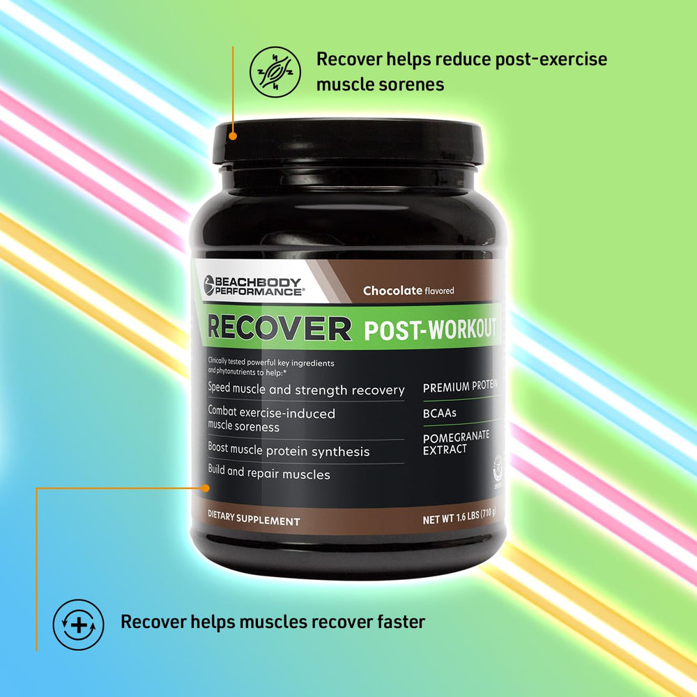 BODi Recover serving prep scene suggests quick post-workout smoothie.