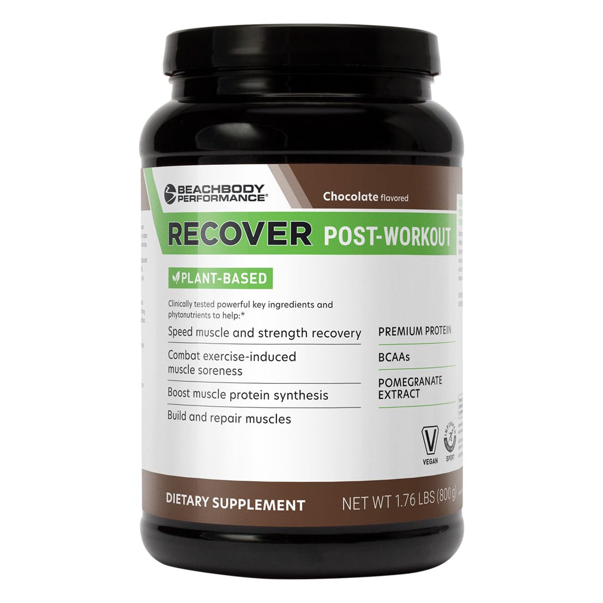 BODi Recover chocolate tub showing 20g protein per serving for post-workout support.
