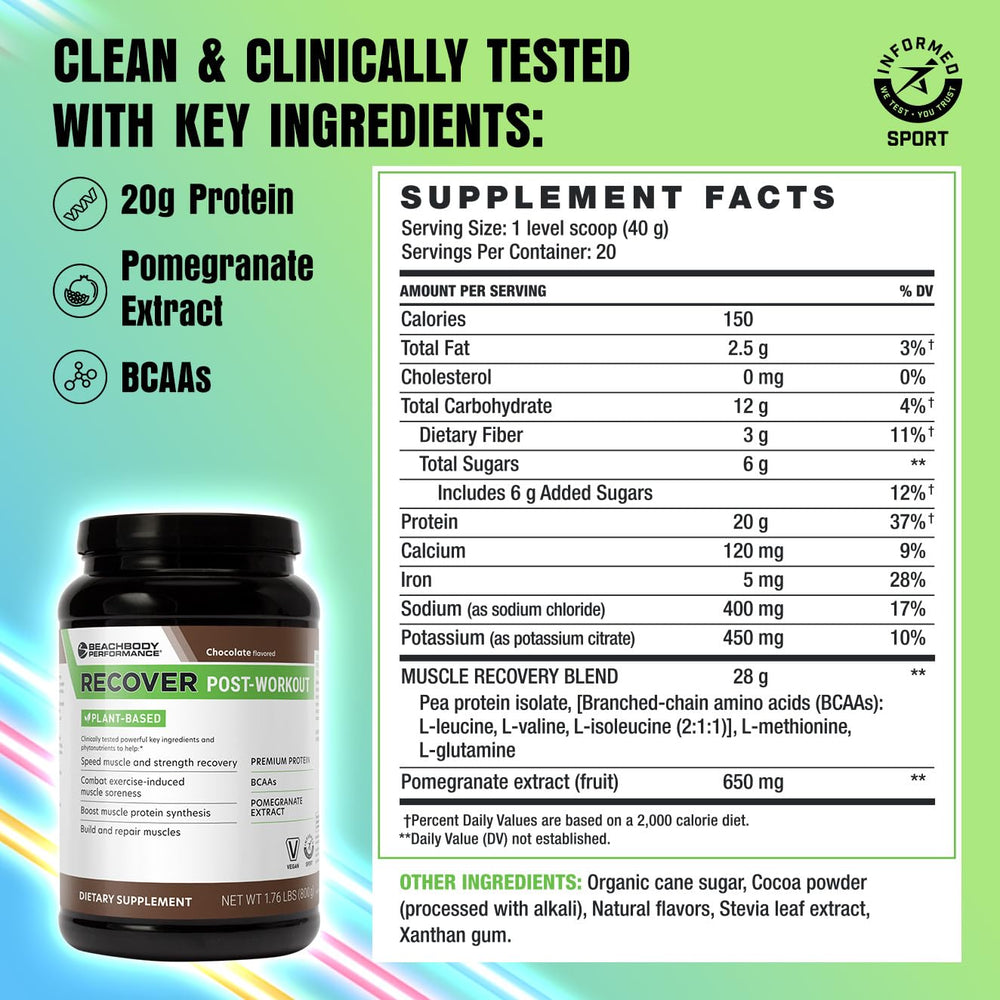 BODi Recover tub with scoop reveals creamy powder texture ideal for shakes.