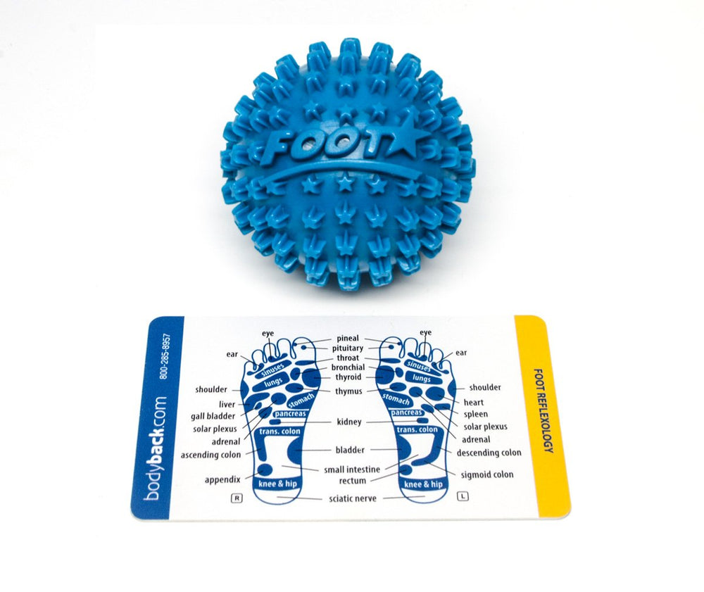 Body Back Foot Star Ball blue in hand demonstrates portable foot and arch massage.