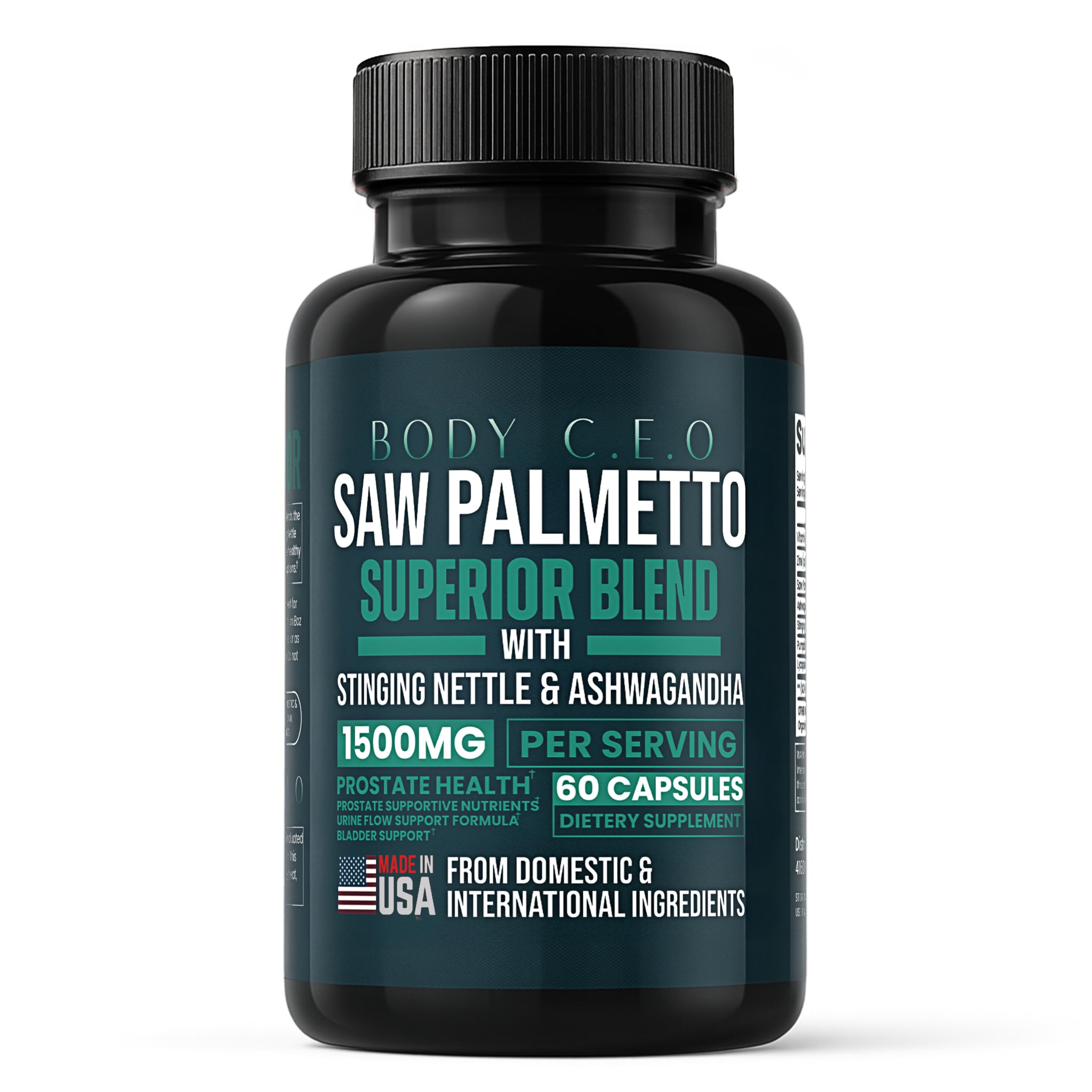 BODY C.E.O. Saw Palmetto bottle for prostate support and urinary health.