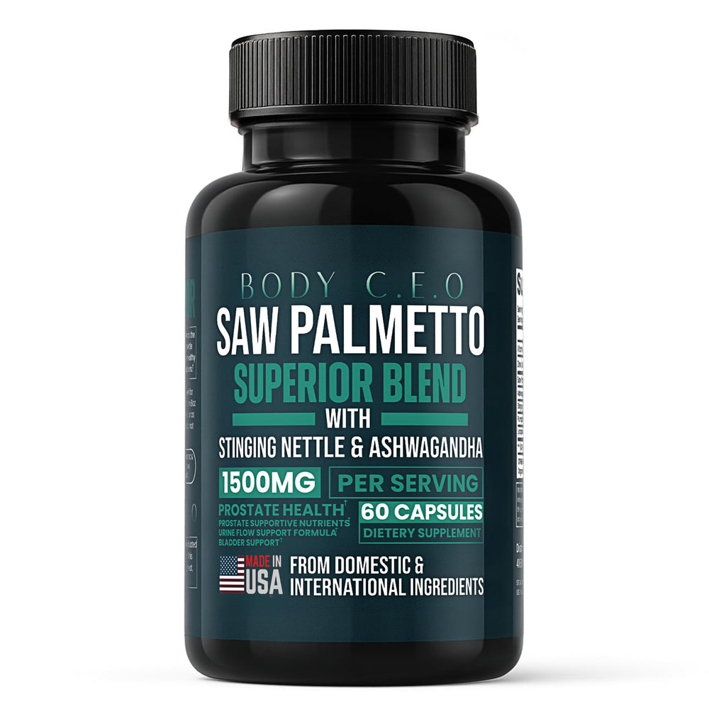 BODY C.E.O. Saw Palmetto bottle for prostate support and urinary health.