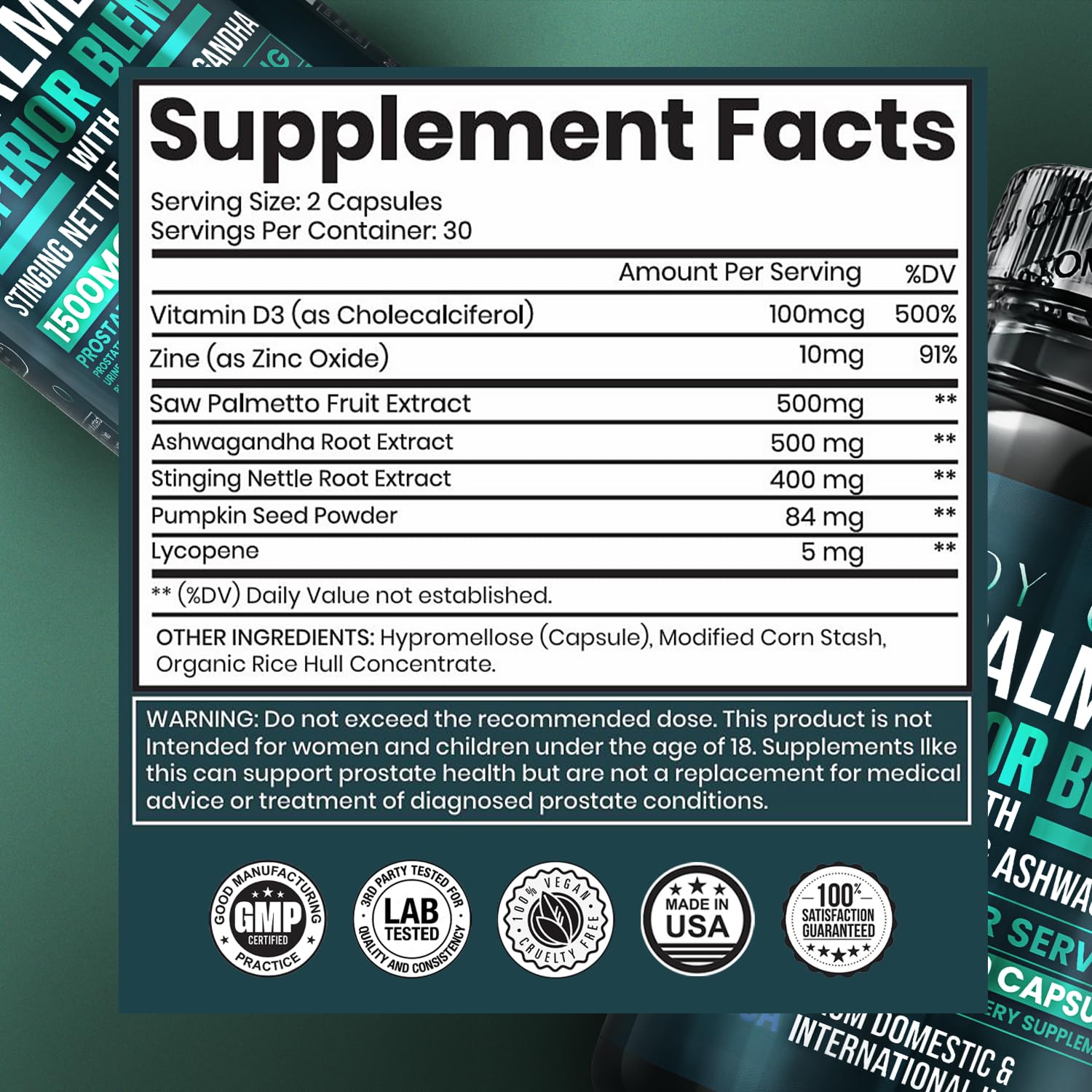 BODY C.E.O. Saw Palmetto capsules close-up for prostate wellness.