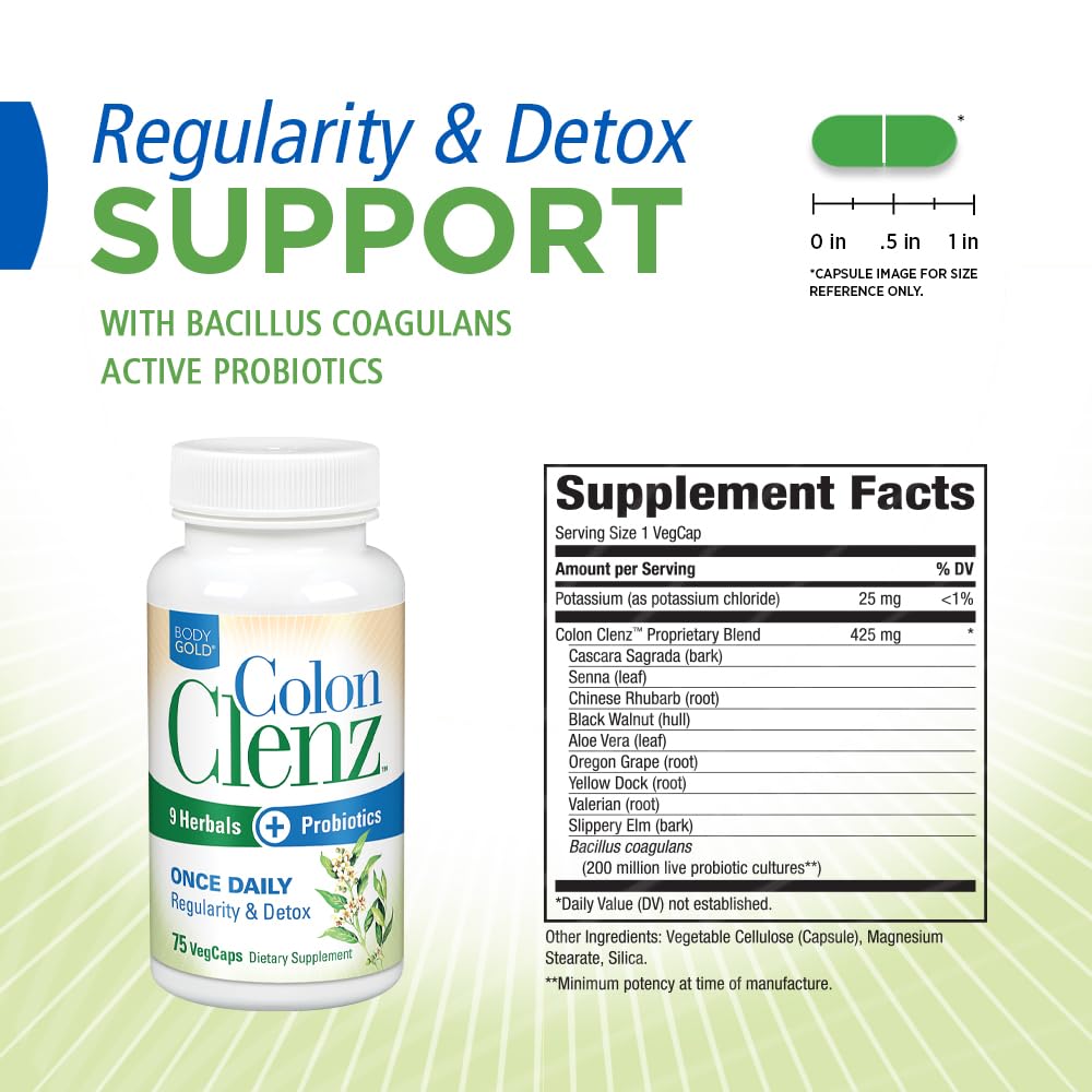 Body Gold Colon Clenz capsules closeup showing vegetarian, dairy-free design