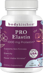Body Kitchen Pro-Elastin bottle front showing veggie capsules for skin support