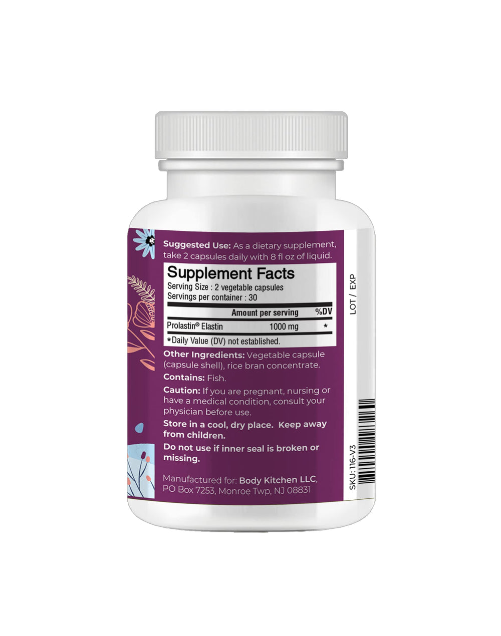 Body Kitchen Pro-Elastin capsules ready for daily use.