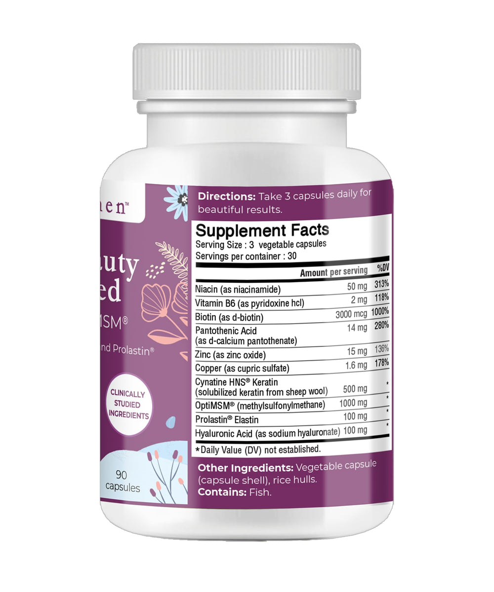 Body Kitchen Total Beauty Advanced capsules close up for hair and skin support.