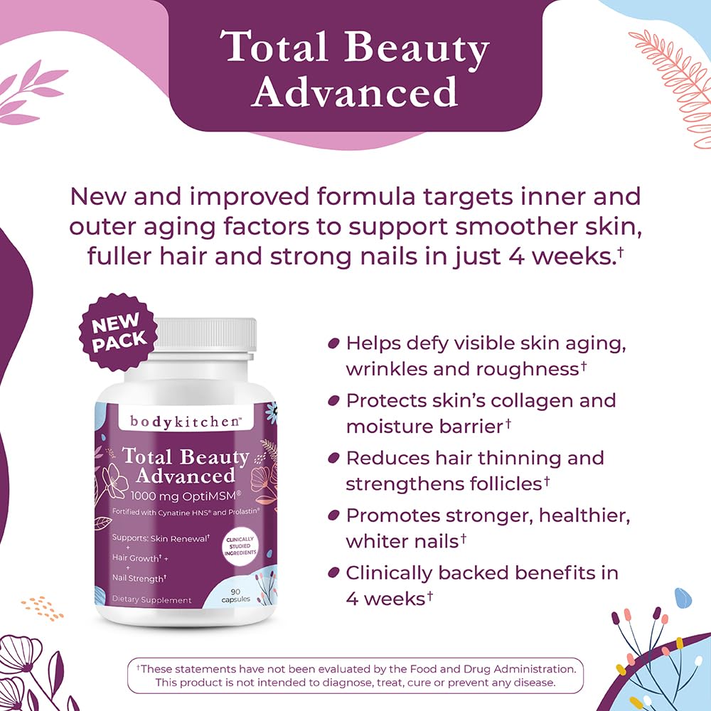 Body Kitchen Total Beauty Advanced ingredients label highlighting elastin, keratin, biotin, and hyaluronic acid.