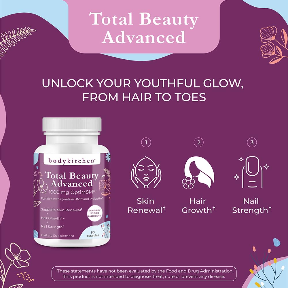 Body Kitchen Total Beauty Advanced product bottle with clean design and ingredient benefits listed.