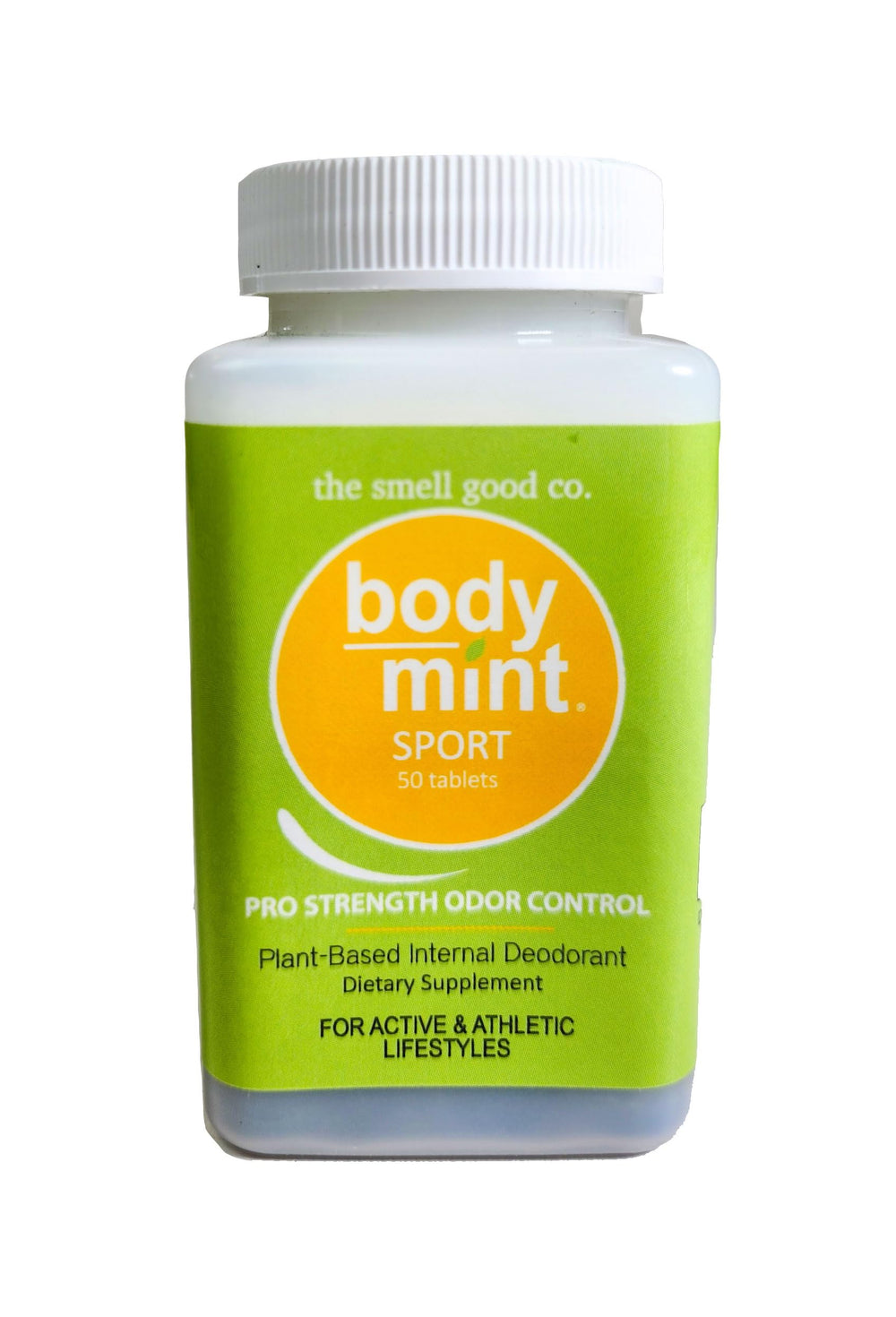 Body Mint Sport bottle close-up highlighting aluminum-free formula for active users.