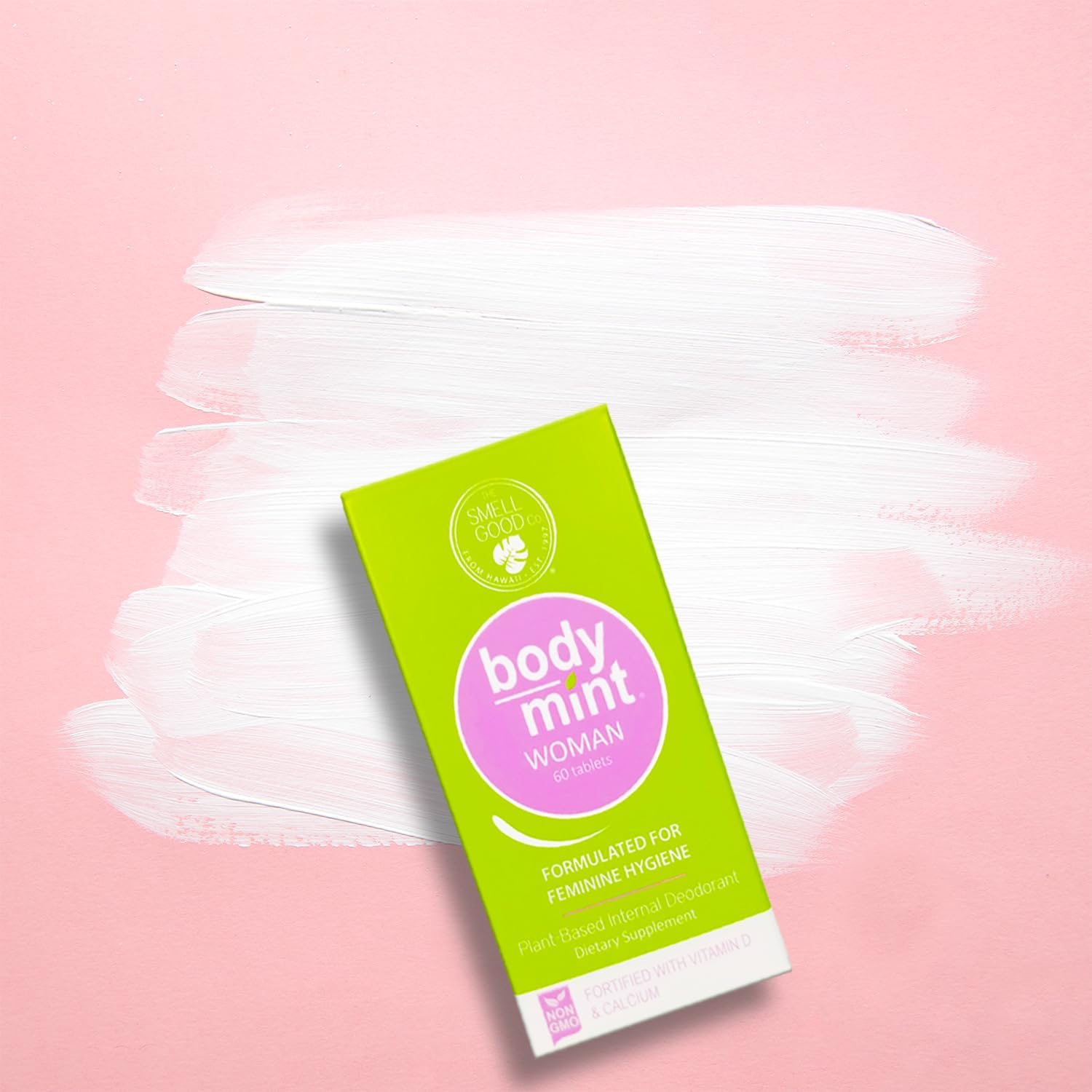 Body Mint Woman packaging close-up emphasizes plant-based internal deodorant for daily hygiene.