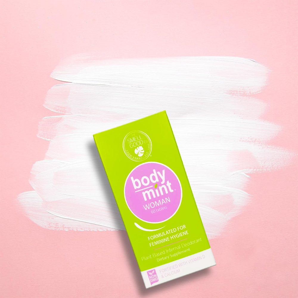 Body Mint Woman packaging close-up emphasizes plant-based internal deodorant for daily hygiene.