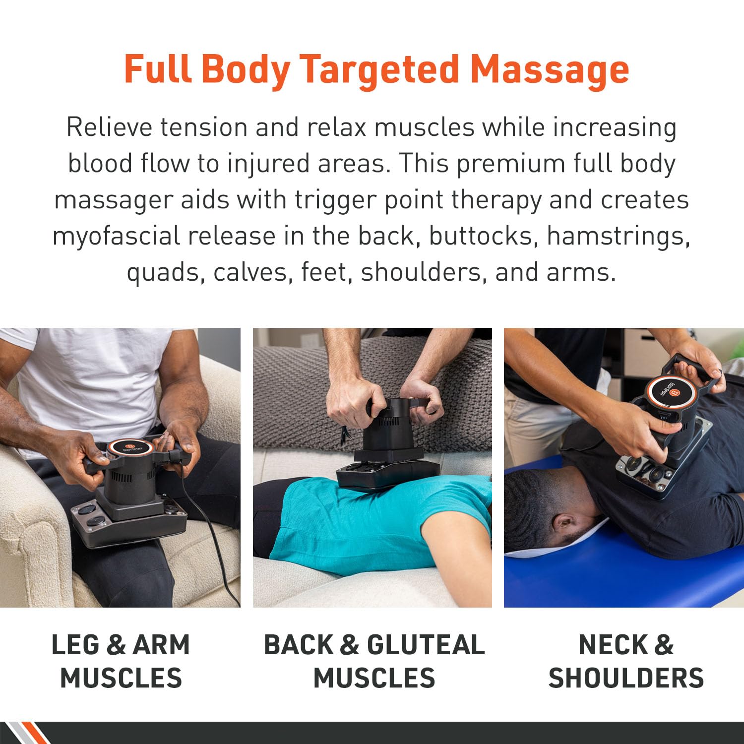 Body Sport massager applied to calves to improve circulation and relief