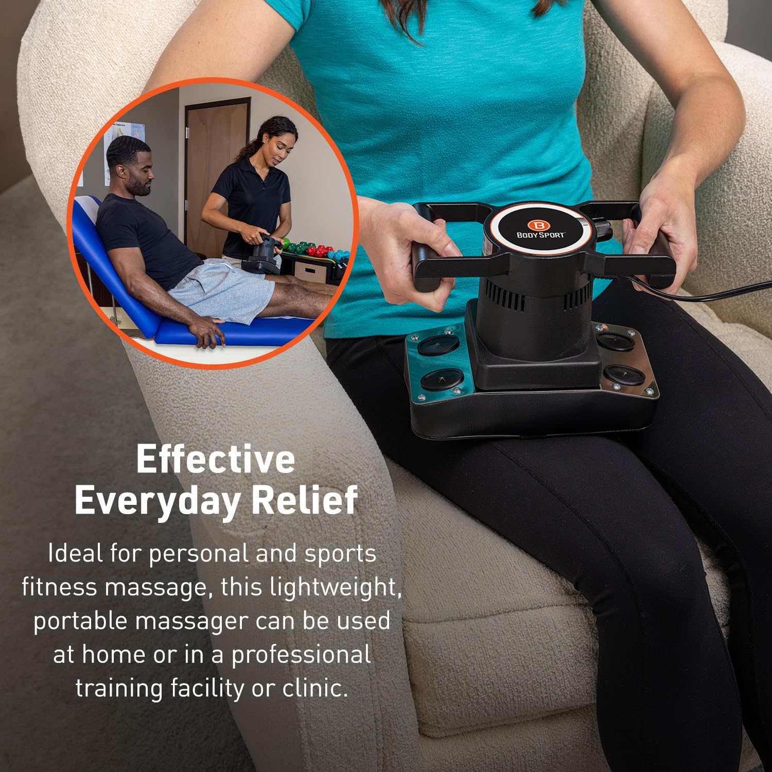 Body Sport professional massager shown with focus on trigger point therapy