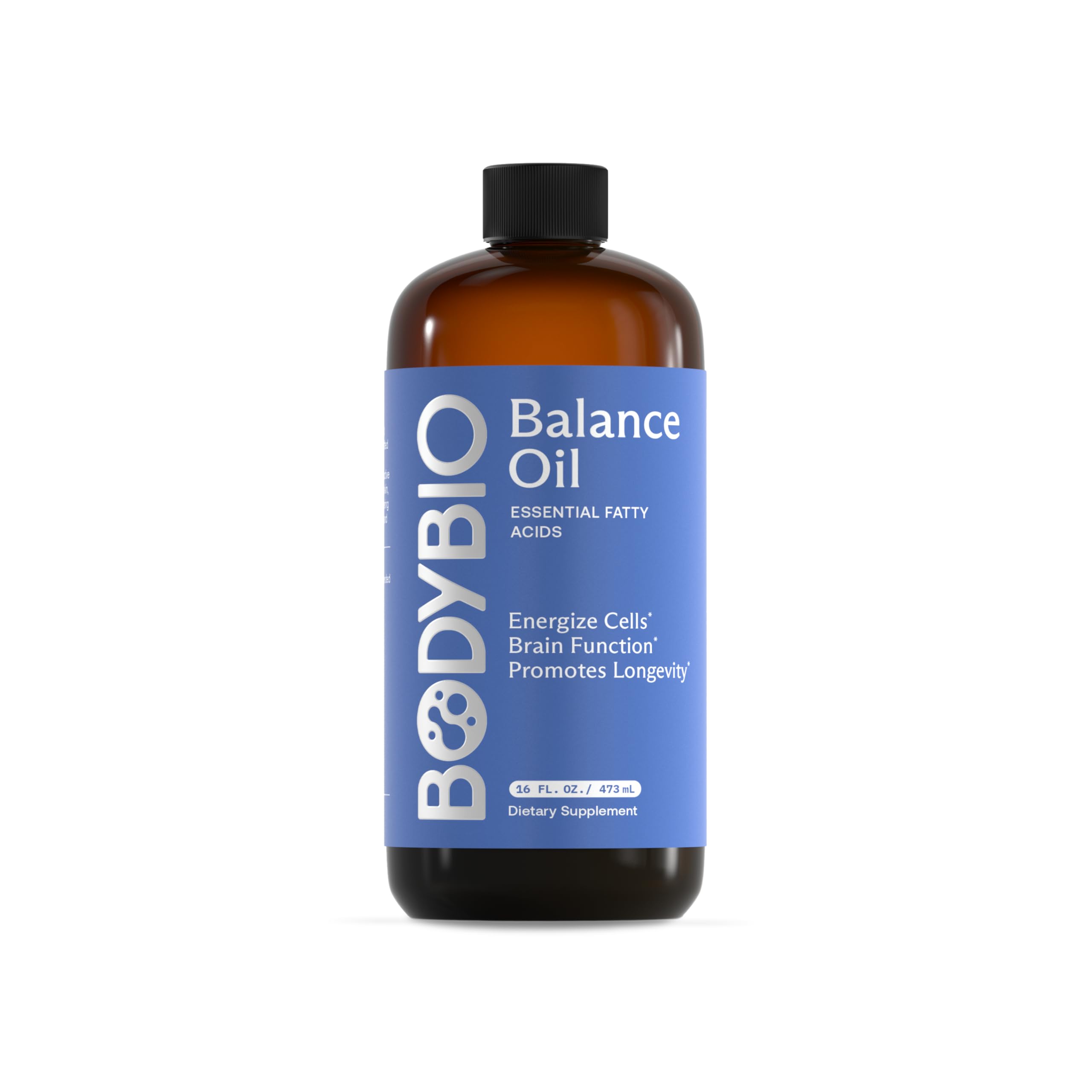BodyBio Balance Oil bottle on a clean surface, highlighting vegan omega support for brain and mood.