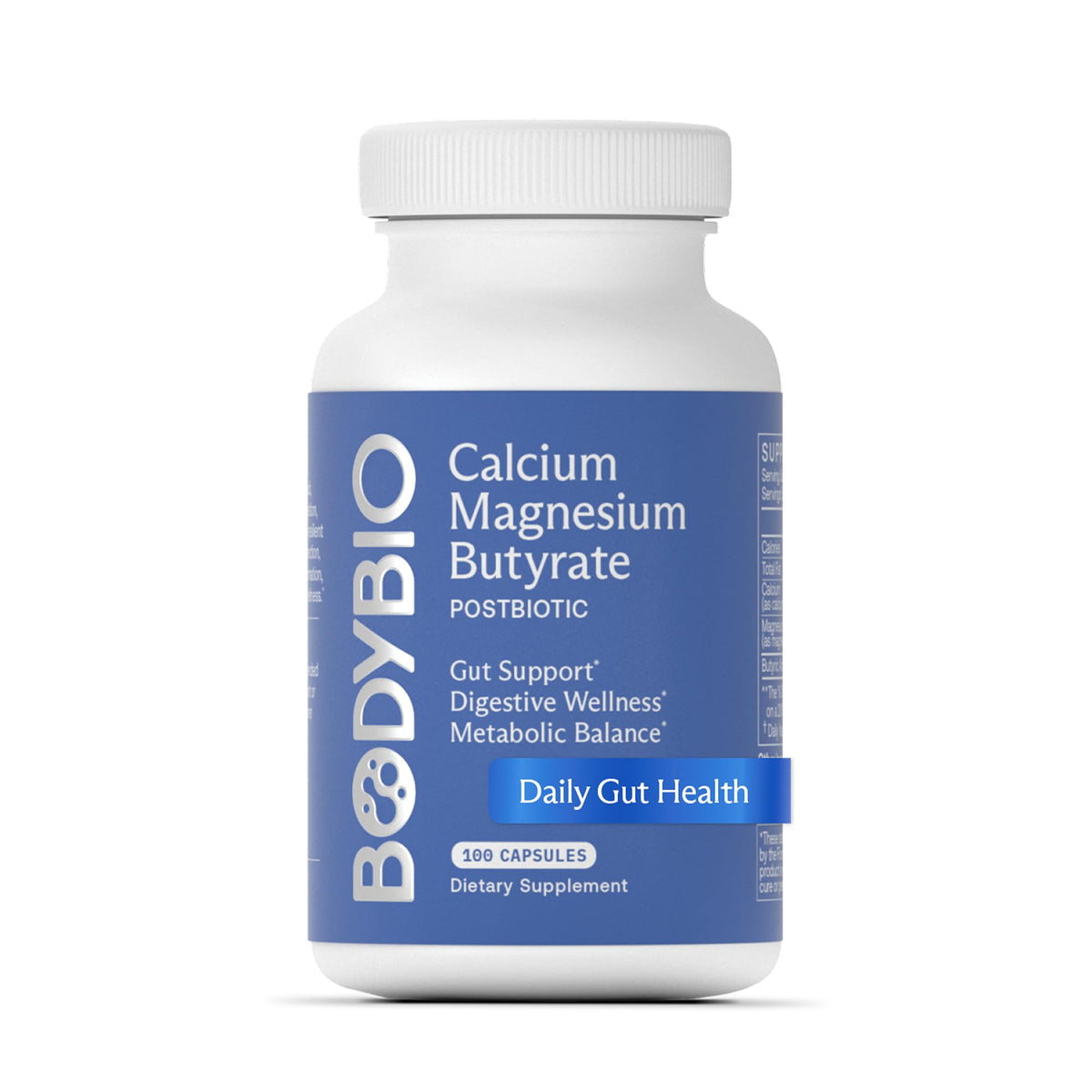 BodyBio Butyrate bottle front showing postbiotic support for gut health and digestion.