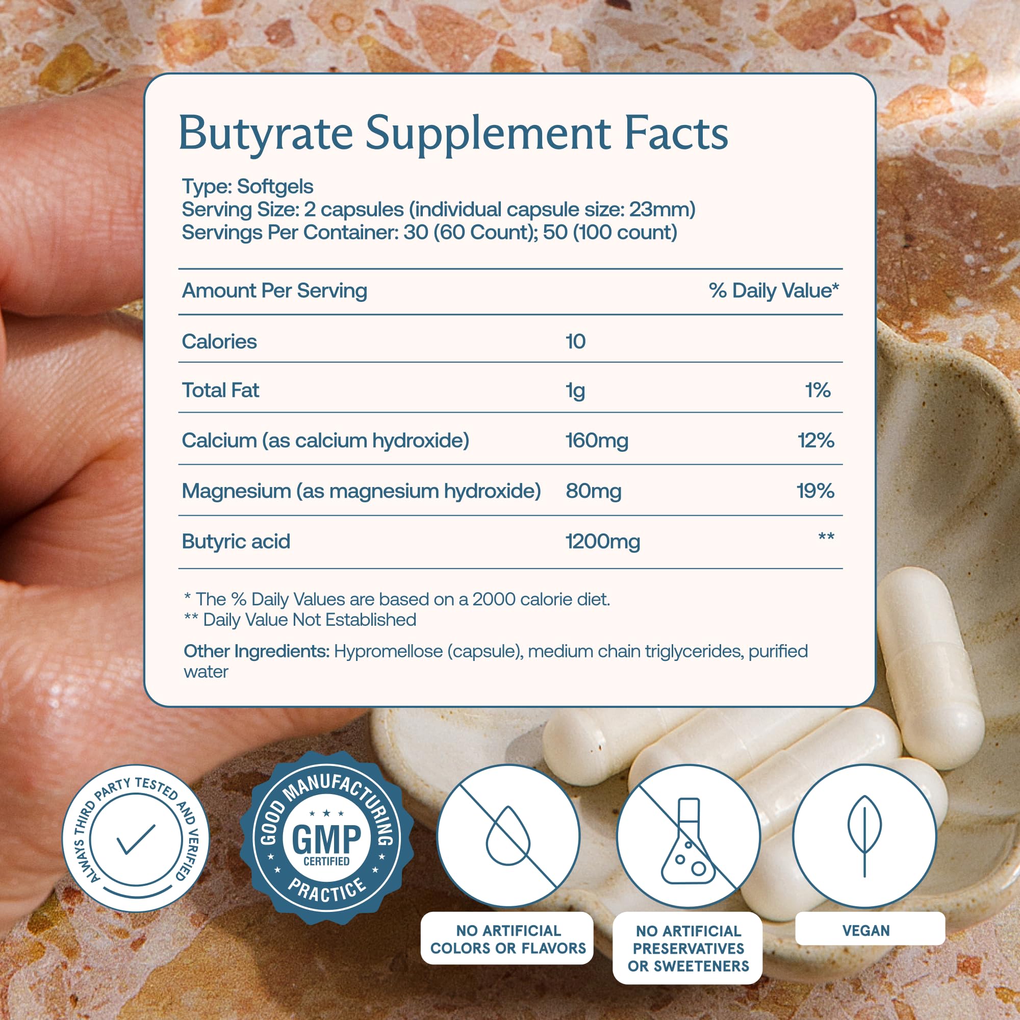 BodyBio Butyrate capsules close-up for easy daily digestive support.
