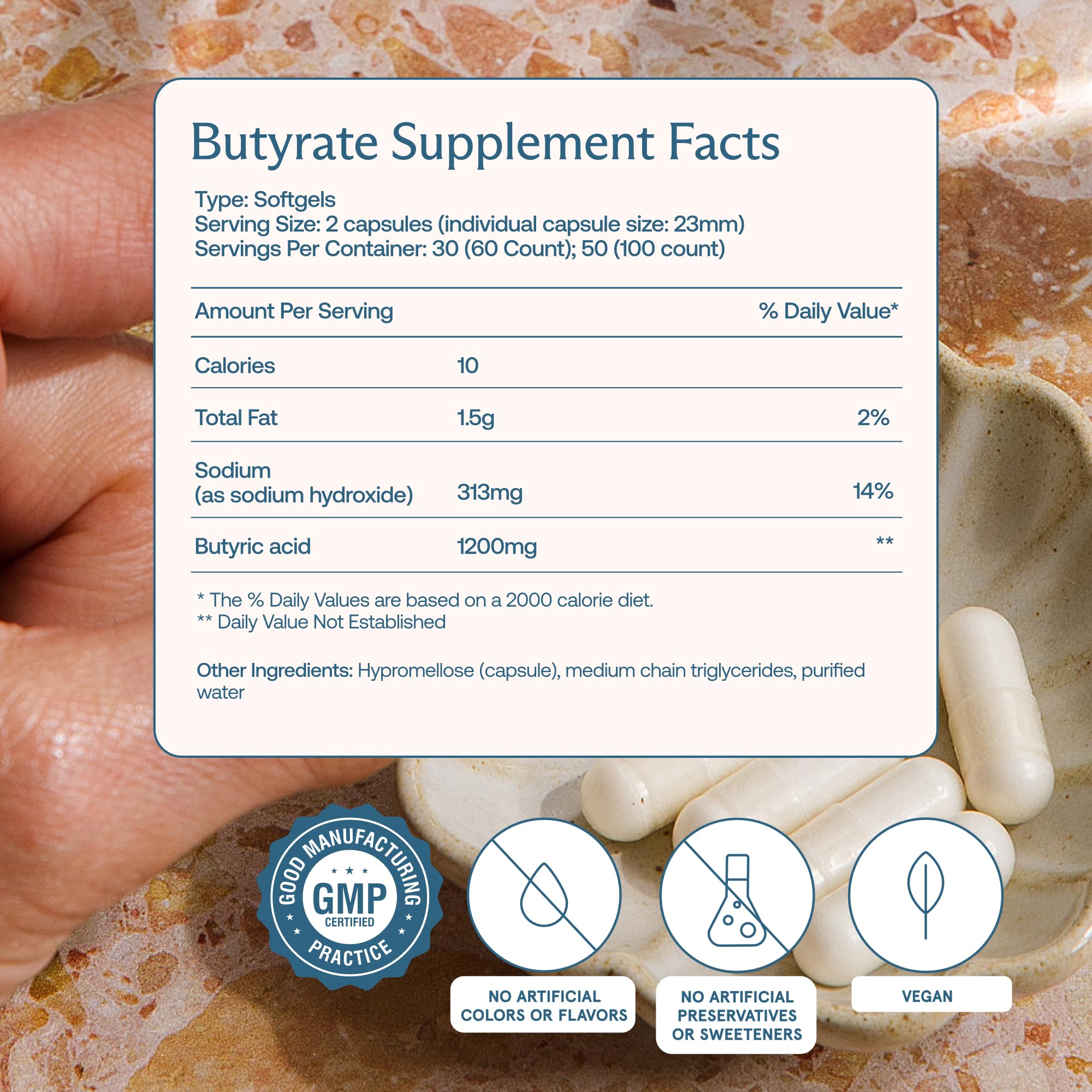 Close-up of BodyBio Butyrate capsules for postbiotic digestion support.
