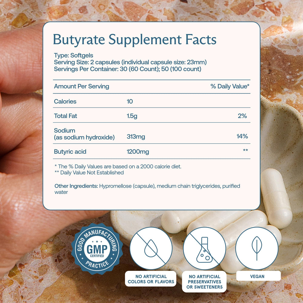 Close-up of BodyBio Butyrate capsules for postbiotic digestion support.