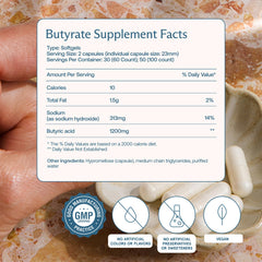 Close-up of BodyBio Butyrate capsules for postbiotic digestion support.