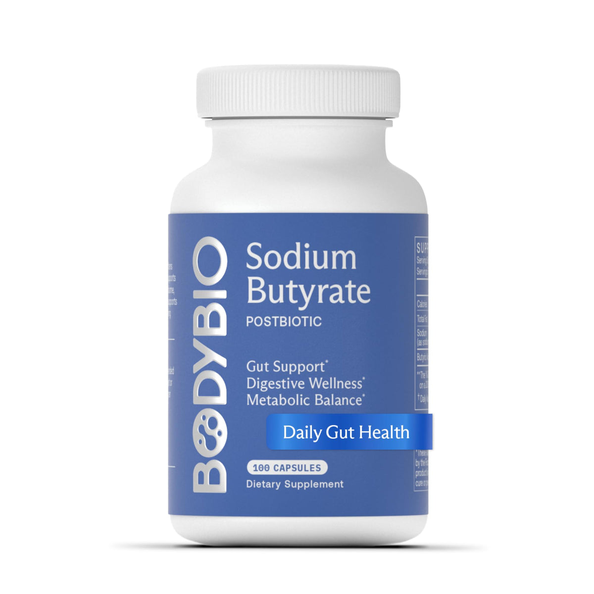 BodyBio Butyrate bottle illustrating gut health support and easy daily use.