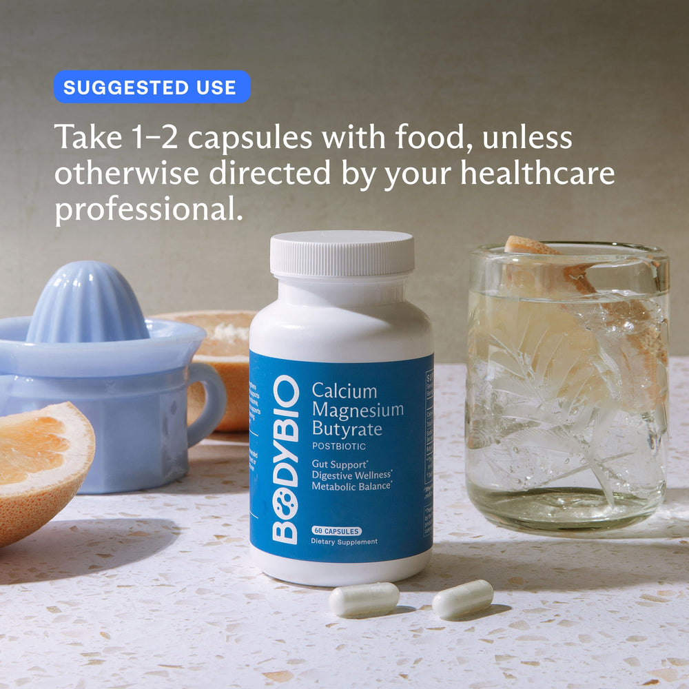 BodyBio Butyrate in a basket illustrates a convenient GI wellness routine.