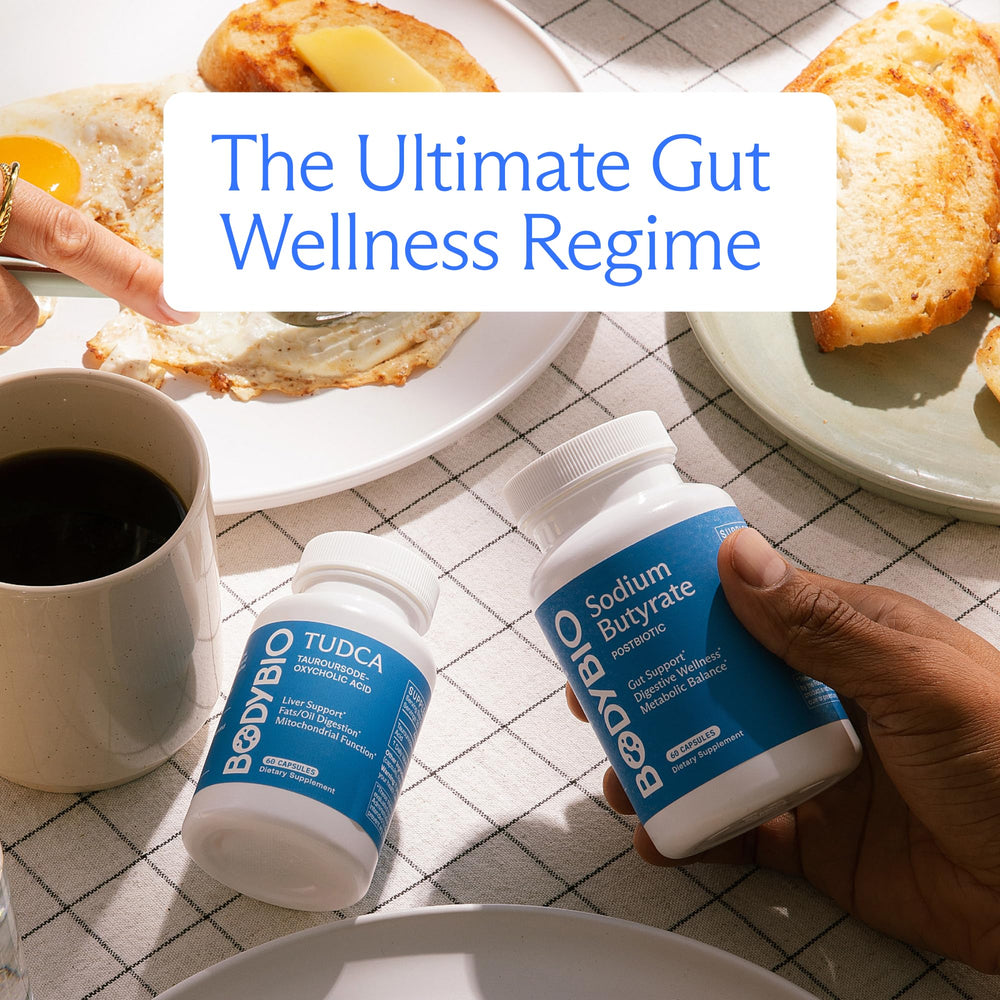 BodyBio Butyrate packshot communicates a clean, additive-free gut health option.