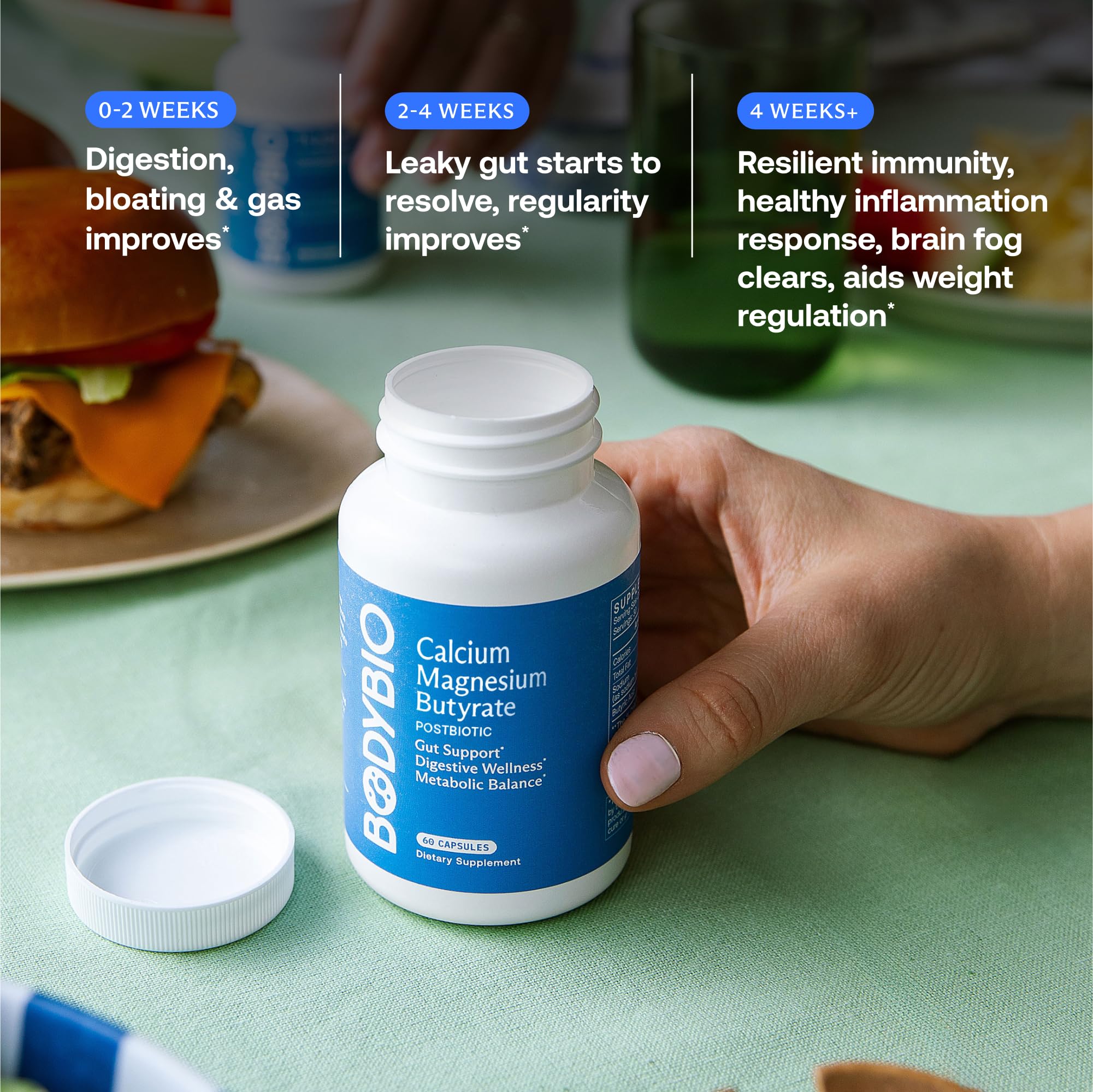 BodyBio Butyrate test pour demonstrates ready-to-use capsules for on-the-go relief.