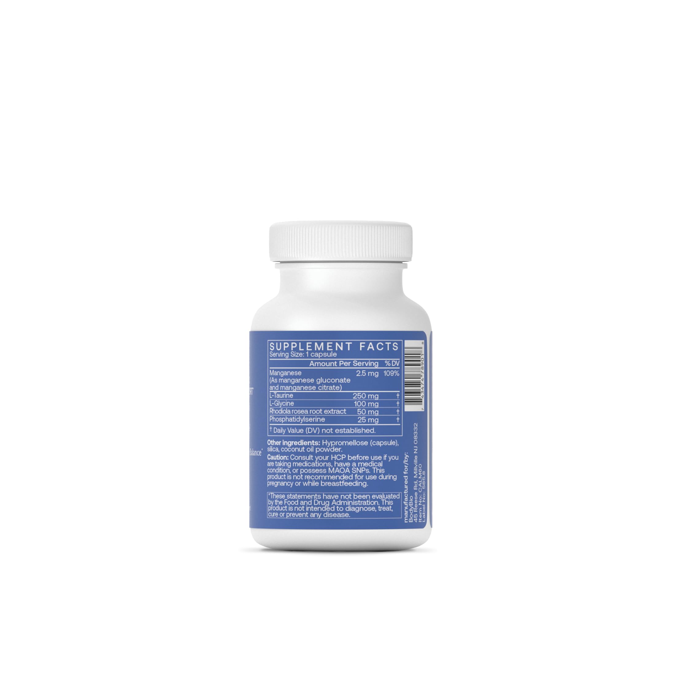 BodyBio Calm label details highlighting dosage and clean formula.