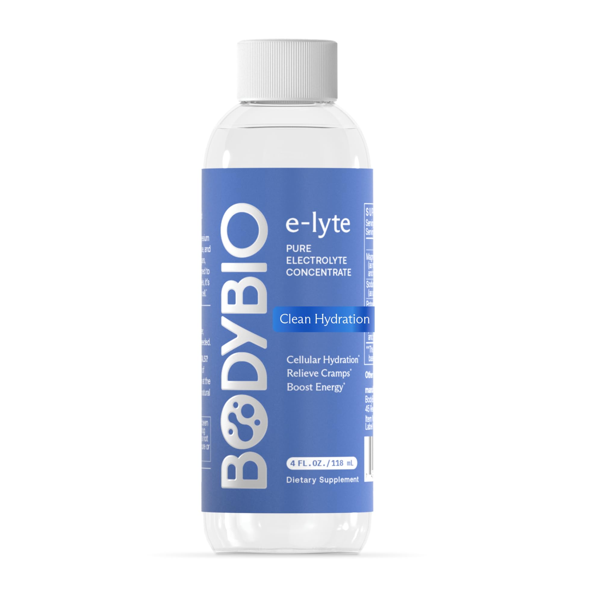 BodyBio e-Lyte bottle front label highlights clean hydration and keto compatibility.