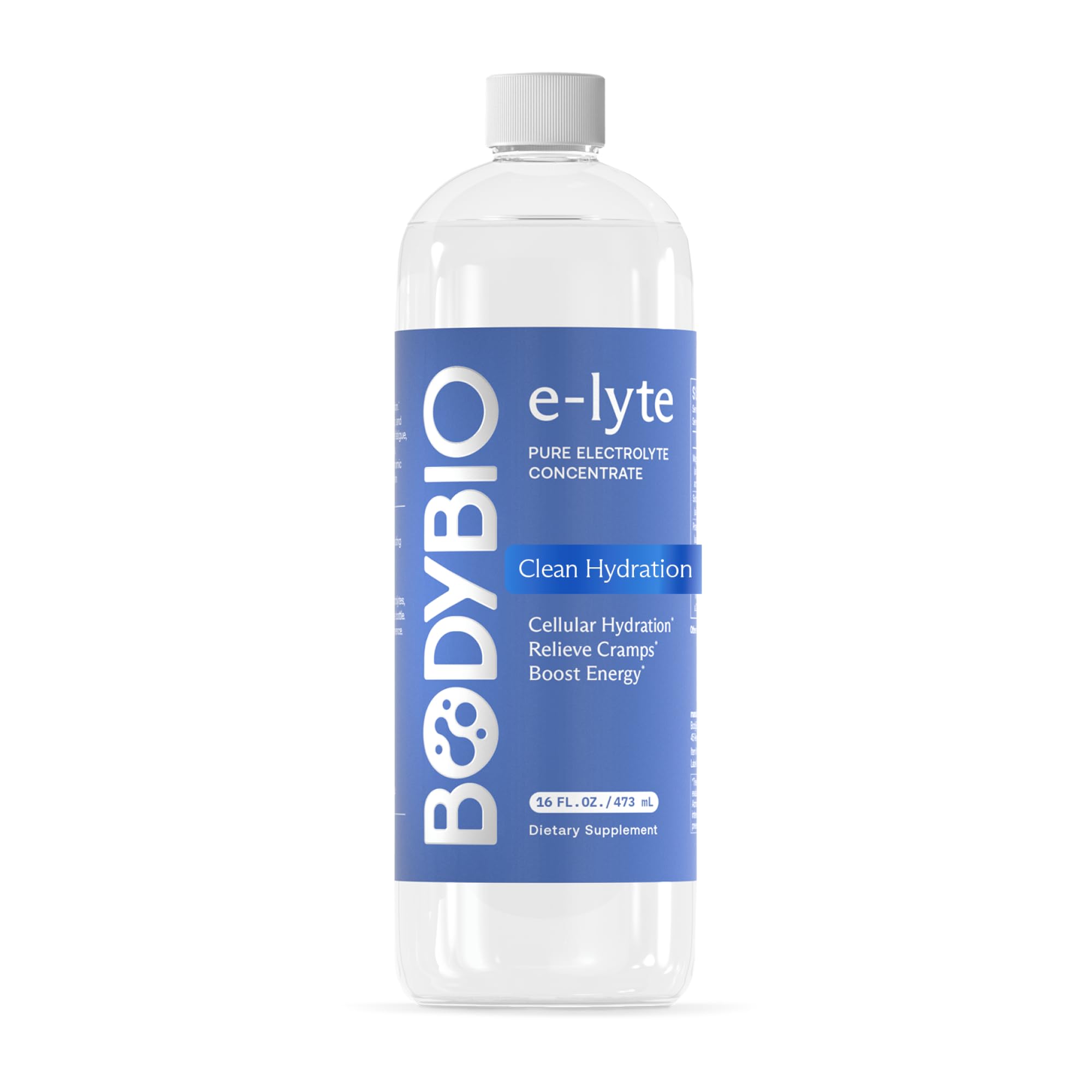 BodyBio e-Lyte bottle pour illustrates clean hydration with balanced electrolytes.