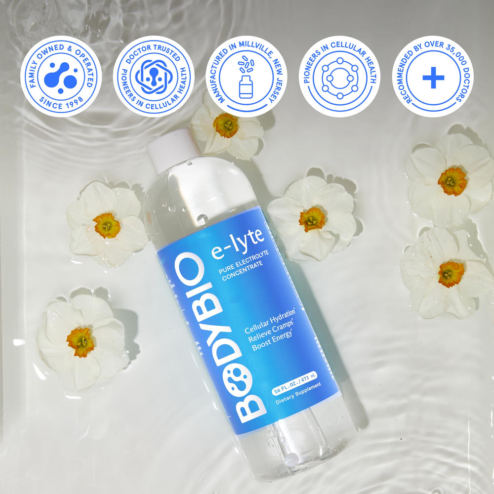BodyBio e-Lyte after workout scene emphasizes steady hydration and recovery support.