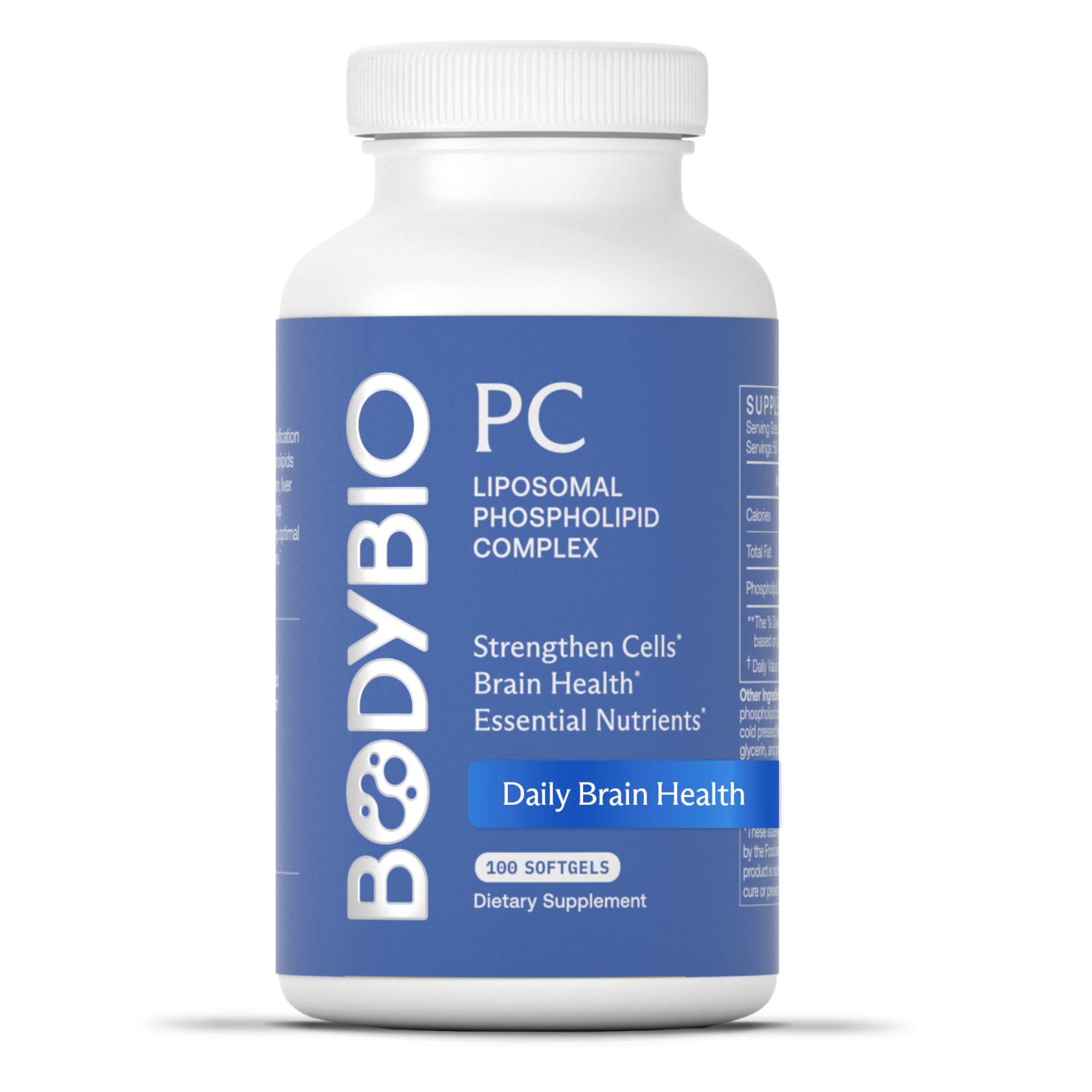 BodyBio PC bottle close-up highlighting phosphatidylcholine for brain health support