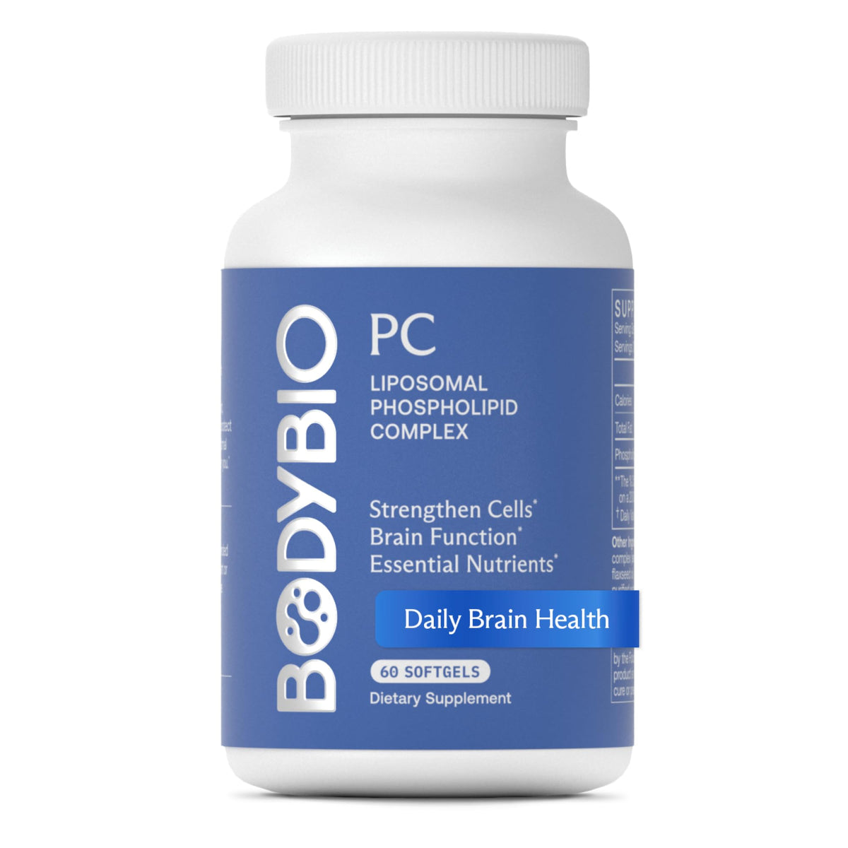 BodyBio PC bottle front showing daily brain support.